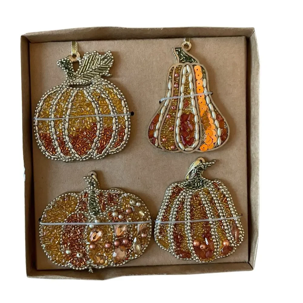 Cupcakes & Cashmere Beaded Pumpkin Ornaments 4pc Fall Decor NEW